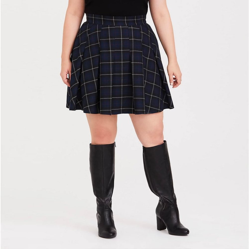 Navy Plaid Twill Mini Skater Skirt